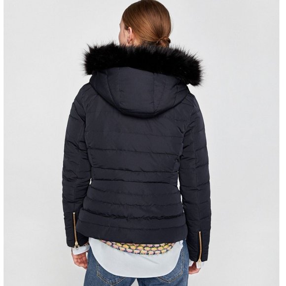 Zara Quilted Down Puffer Jacket with Faux Fur Textured Hood Navy & Gold - Picture 8 of 13